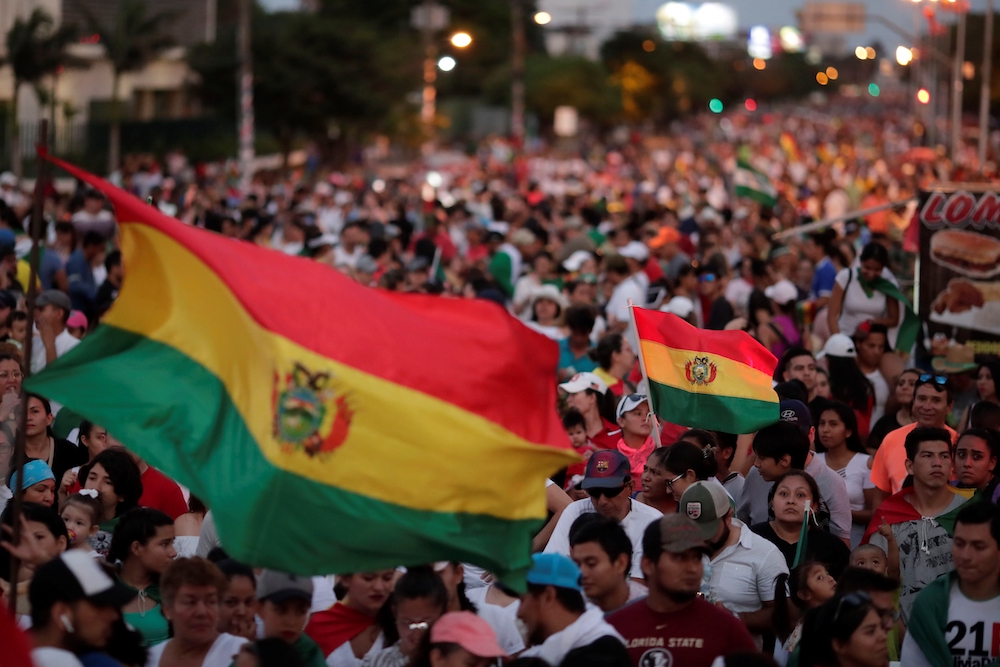 Demonstrators in Santa Cruz, Bolivia, take part in an Oct. 27, 2019, protest against President Evo Morales and the election results after an election gave Morales a fourth consecutive term. (CNS/Reuters/Ueslei Marcelino)