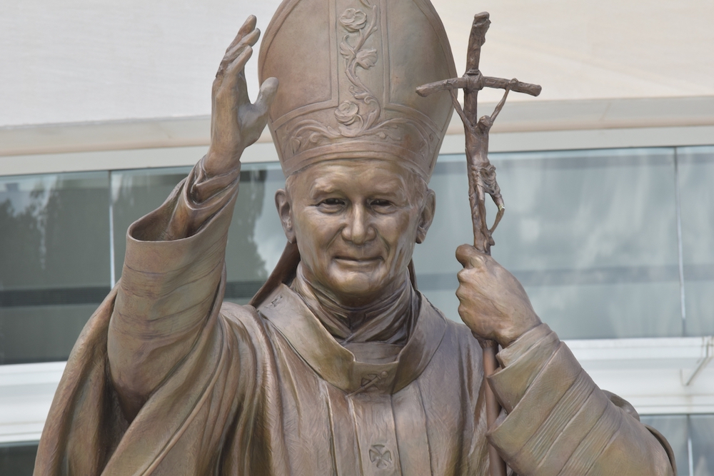 Statue of St. John Paul II by Chas Fagan at the entrance to the St. John Paul II National Shrine in Washington, D.C., pictured July 18, 2019. (CNS/Elizabeth Bachmann) 