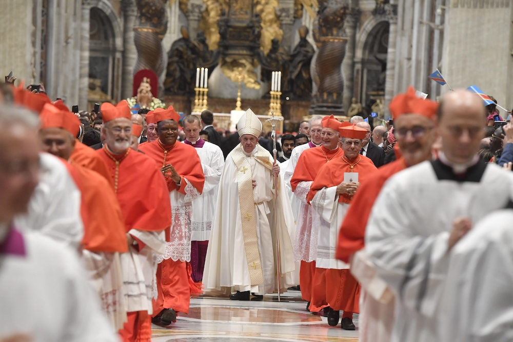 Pope Francis walks in procession with new cardinals during consistory in St. Peter's Basilica at the Vatican Oct. 5, 2019. (CNS/Vatican Media)