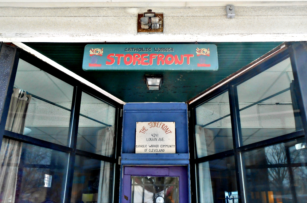 The entrance to the Cleveland Catholic Worker Storefront drop-in center, which offers food, coffee, art and movie nights, and an alternative health clinic (Courtesy of Cleveland Catholic Worker/Paula Miller)