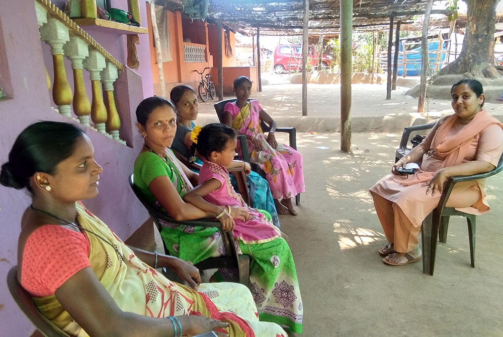 Sr. Crina Cardozo of the Sisters of Holy Family of Nazareth with a group of young women at a tailoring unit at Karvem village in Goa, western India (Lissy Maruthanakuzhy)