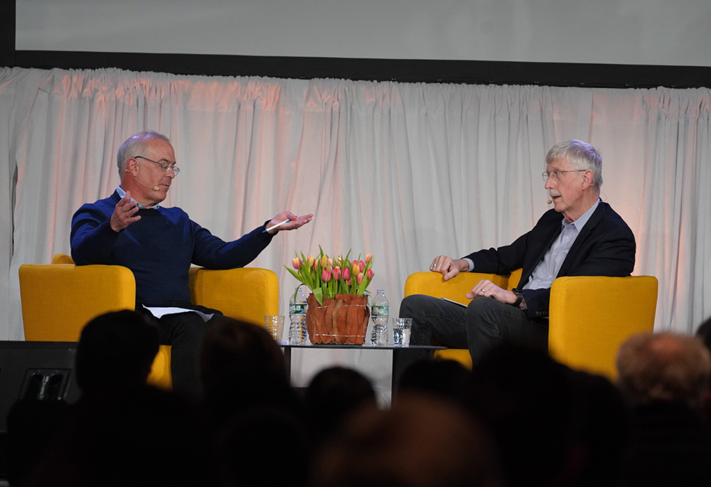 David Brooks, left, and Francis Collins speak during the panel "Can We Ever Know What Is Real?" Feb. 19 during New York Encounter. (Mariagustina Fabara Martinez)