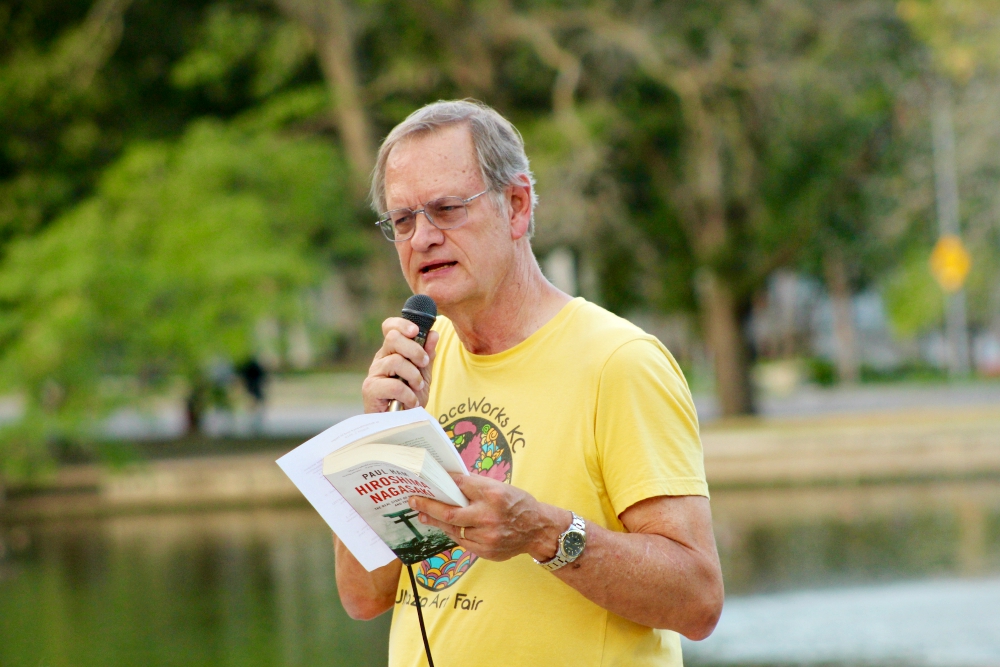 Dave Pack updates participants of the Hiroshima/Nagasaki Remembrance memorial Aug. 5 in Kansas City, Missouri, about efforts to ratify international Treaty on the Prohibition of Nuclear Weapons. (Jim Hannah) Dave Pack updates participants of the Hiroshima/Nagasaki Remembrance memorial Aug. 5 in Kansas City, Missouri, about efforts to ratify international Treaty on the Prohibition of Nuclear Weapons. (Jim Hannah)
