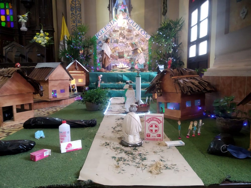 Nativity scene in Iquitos cathedral evokes the coronavirus pandemic in the Amazon region. (Miguel Fuertes)