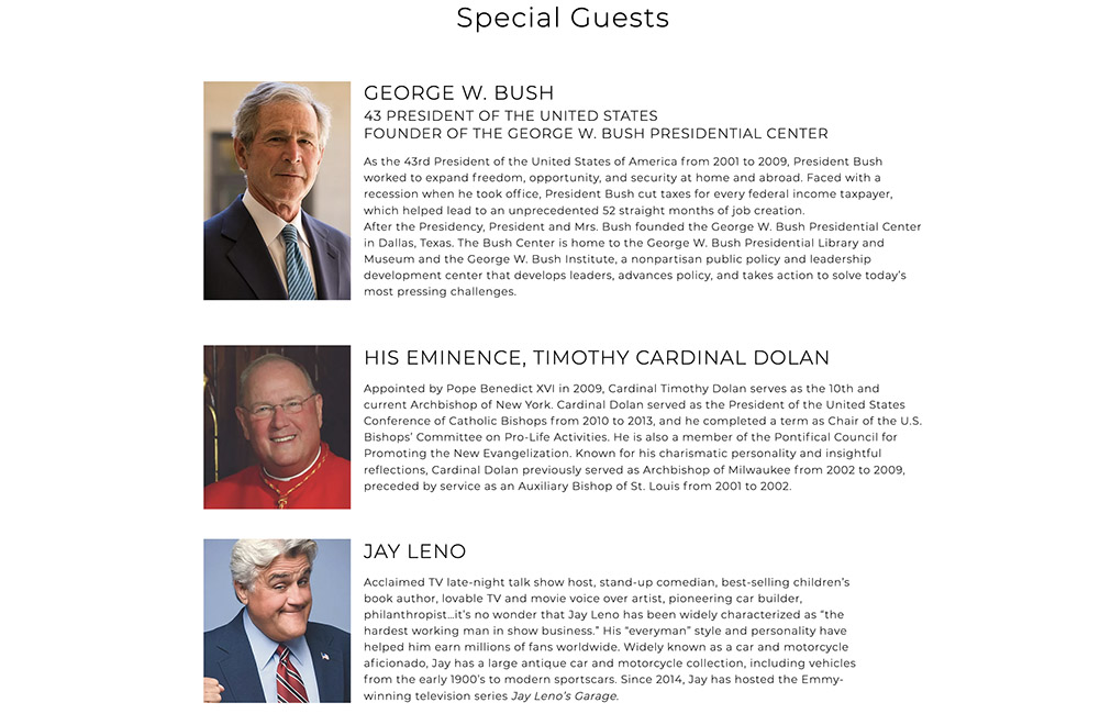 A guest list that includes former President George W. Bush, Cardinal Timothy Dolan and comedian Jay Leno is seen on the website for the Oct. 28-31 FOCUS Founder's Forum. (NCR screenshot) A guest list that includes former President George W. Bush, Cardinal Timothy Dolan and comedian Jay Leno is seen on the website for the Oct. 28-31 FOCUS Founder's Forum. (NCR screenshot)