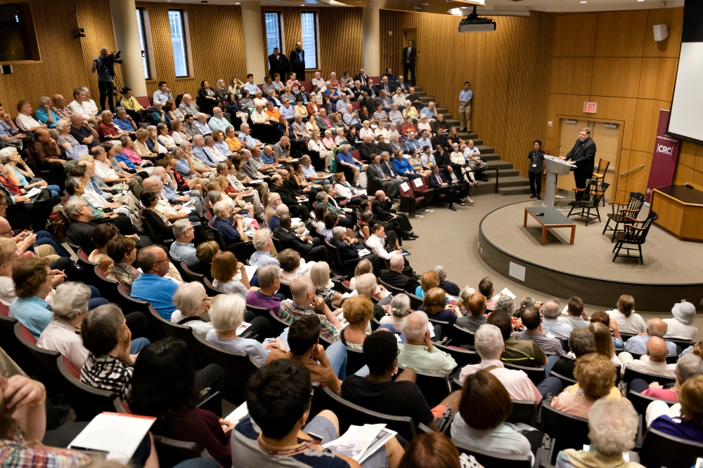 Cardinal Joseph Tobin of Newark, New Jersey, speaks at the Sept. 5 Fordham University seminar in New York. (Fordham University/Leo Sorel)