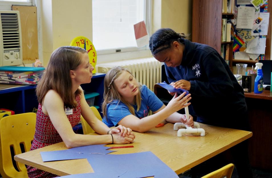 Sr. Sarah Heger with students at Marian Middle School in St. Louis.