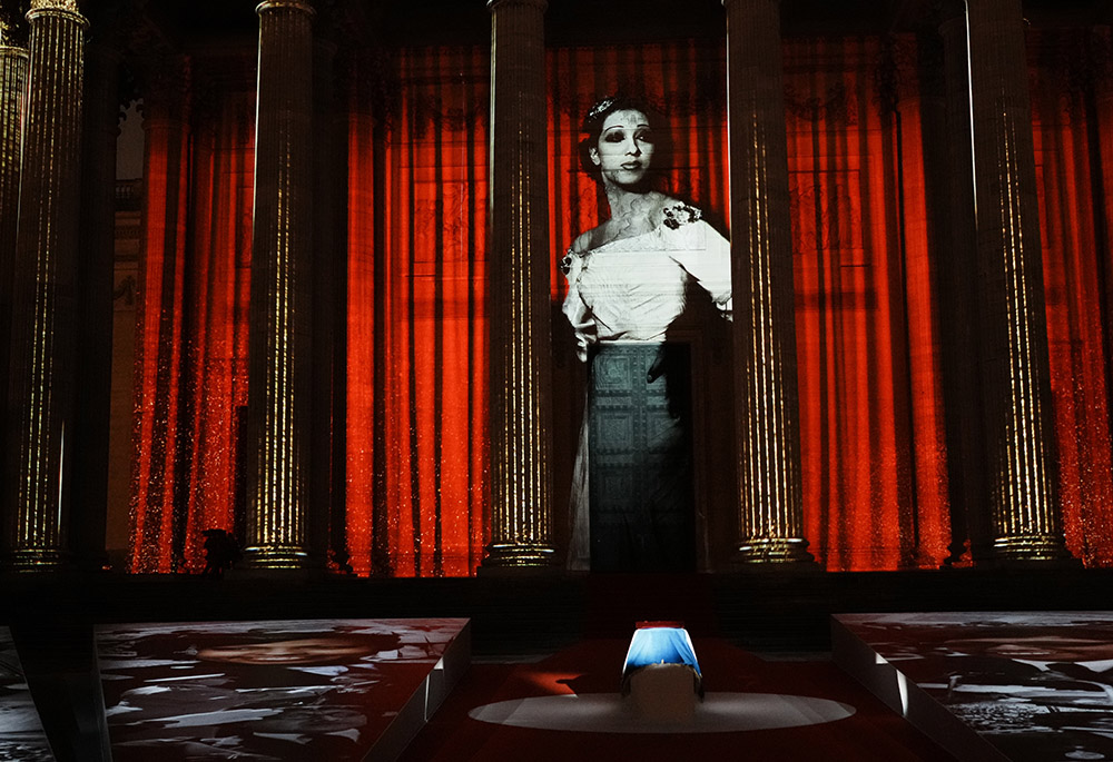 Josephine Baker is projected on the Pantheon monument during a ceremony Nov. 30, 2021, in Paris, France, where she was symbolically inducted, becoming the first Black woman to receive France's highest honor. (AP photo/Thibault Camus, pool)