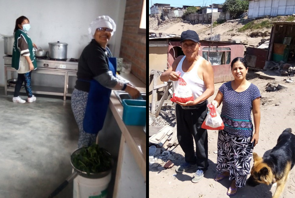 At left, women prepare meals for people in need in the convent kitchen of the Franciscans Missionaries of Mary; at right, a family receives food items during a lockdown for COVID-19. (Marian Champika Hanzege)