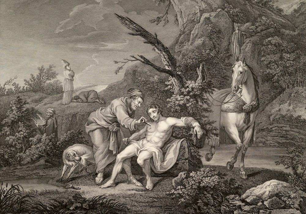 Detail of engraving "The Good Samaritan (St. Luke, Ch. 10, ver. 30)" by Jean Marie Delattre, engraved by Simon Francis Ravenet, published by John Boydell, Feb. 24, 1772 (Metropolitan Museum of Art, Harris Brisbane Dick Fund, 1932)