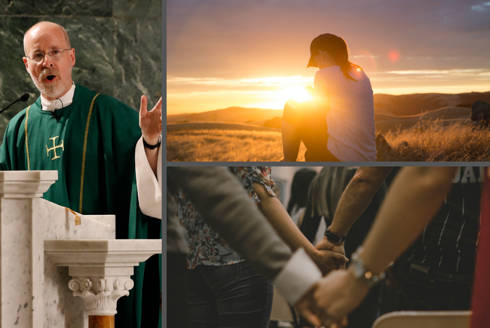 Jesuit Fr. James Martin, left, pictured in a 2019 photo, is the author of the new book "Learning to Pray: A Guide for Everyone." (Photos, clockwise: CNS/Gregory A. Shemitz; Unsplash/Jude Beck; Unsplash/Pedro Dias) Jesuit Fr. James Martin, left, pictured in a 2019 photo, is the author of the new book "Learning to Pray: A Guide for Everyone." (Photos, clockwise: CNS/Gregory A. Shemitz; Unsplash/Jude Beck; Unsplash/Pedro Dias)