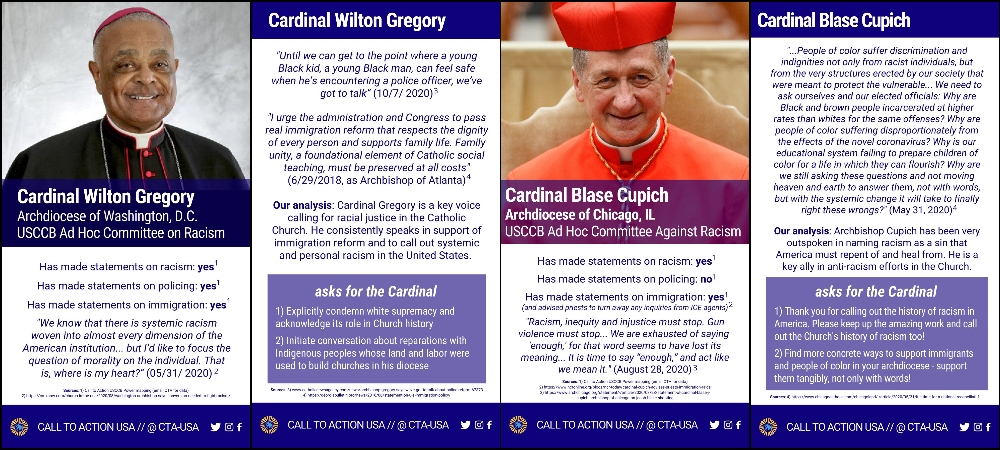 Call to Action's anti-racism scorecards for Cardinals Wilton Gregory of Washington and Blase Cupich of Chicago (Call to Action) Call to Action's anti-racism scorecards for Cardinals Wilton Gregory of Washington and Blase Cupich of Chicago (Call to Action)