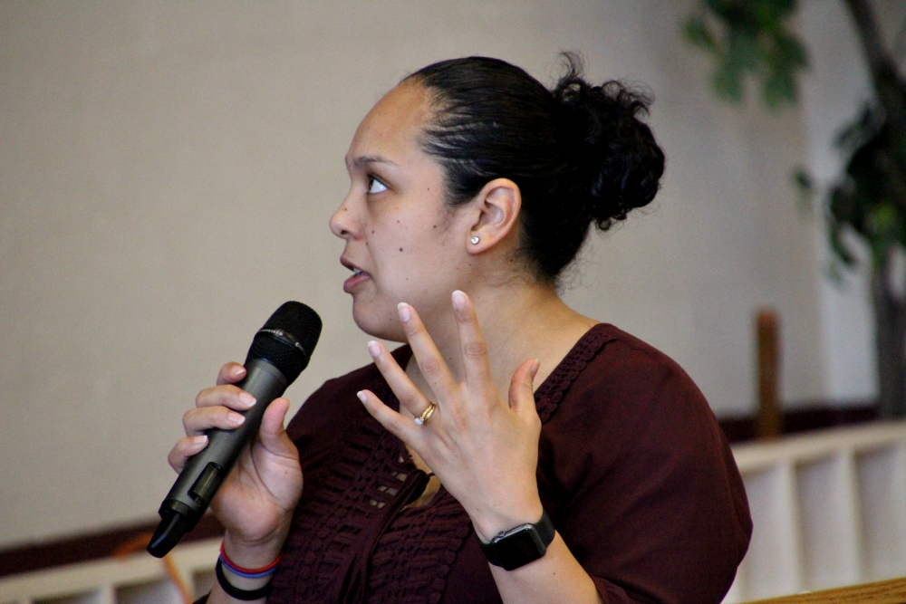 Nichole Flores, assistant professor of religious studies at the University of Virginia, addresses a workshop on racism and white supremacy Jan. 20 at the Church of the Incarnation in Charlottesville, Virginia. (James C. Webster) Nichole Flores, assistant professor of religious studies at the University of Virginia, addresses a workshop on racism and white supremacy Jan. 20 at the Church of the Incarnation in Charlottesville, Virginia. (James C. Webster)