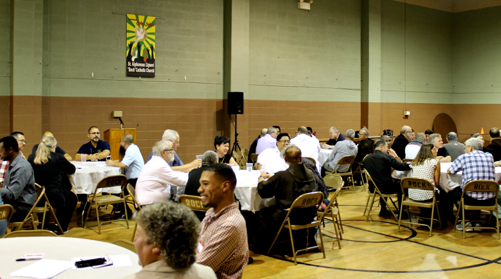Members of male religious orders meet with community activists at St. Alphonsus Liguori Catholic Church in St. Louis Aug. 1 in a racial justice immersion event, part of the annual assembly of the Conference of Major Superiors of Men. (NCR/Brian Roewe) Members of male religious orders meet with community activists at St. Alphonsus Liguori Catholic Church in St. Louis Aug. 1 in a racial justice immersion event, part of the annual assembly of the Conference of Major Superiors of Men. (NCR/Brian Roewe)