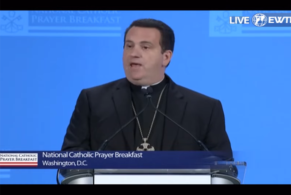 Bishop Steven Lopes Bishop Steven Lopes of the Personal Ordinariate of the Chair of St. Peter delivers his keynote speech Sept. 14 at the 2021 National Catholic Prayer Breakfast. (NCR screenshot)