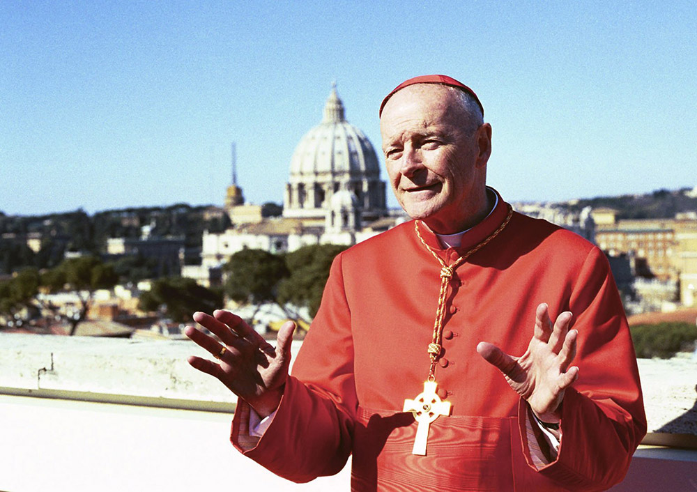 New Cardinal Theodore McCarrick addresses the media on the roof of the North American College in Rome following a consistory ceremony at the Vatican Feb. 21, 2001. McCarrick was among 44 new cardinals created by Pope John Paul II. (CNS/Carol Zimmermann)