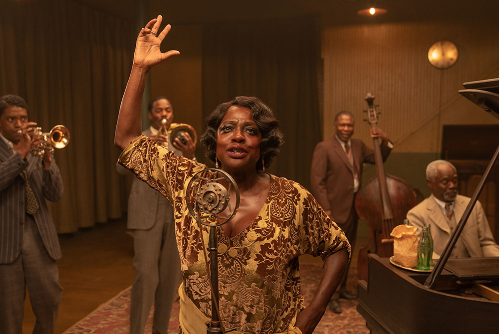 Chadwick Boseman as Levee, Colman Domingo as Cutler, Viola Davis as Ma Rainey, Michael Potts as Slow Drag and Glynn Turman as Toledo in "Ma Rainey's Black Bottom." (David Lee/Netflix)