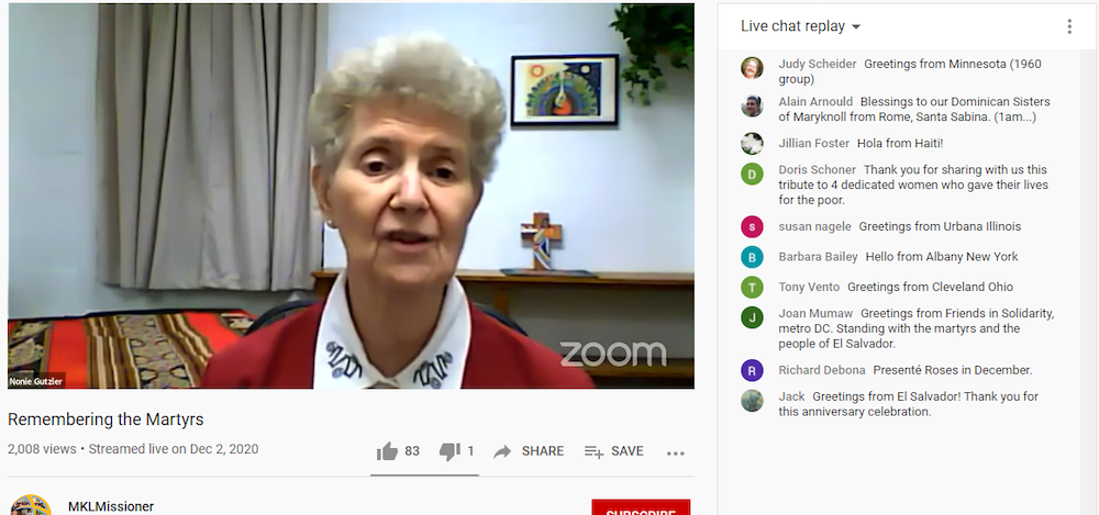 Sr. Nonie Gutzler, the president of the Maryknoll Sisters, speaks at the Maryknoll Sisters' Dec. 2 online event memorializing four American churchwomen killed in 1980 in El Salvador. (GSR screenshot)