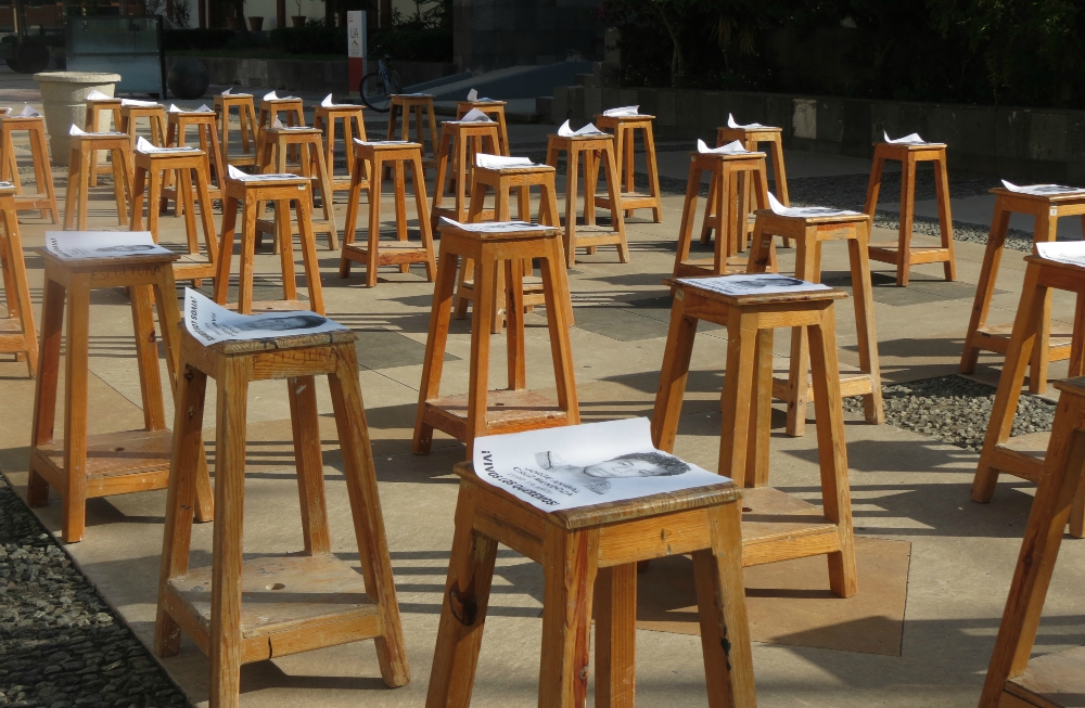 A memorial for the 43 Mexican students who were disappeared in 2014 is seen in Aguascalientes, Mexico, in September 2018. (Wikimedia Commons/Luis Alvaz)