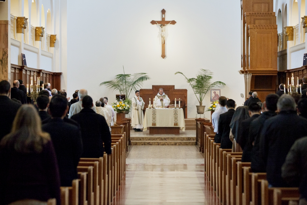 Sunday Mass at Mount Angel Abbey and Seminary in St. Benedict, Oregon, typically includes about 40 Benedictine monks, more than 100 seminarians and another 100-200 faithful. (Mount Angel Abbey)