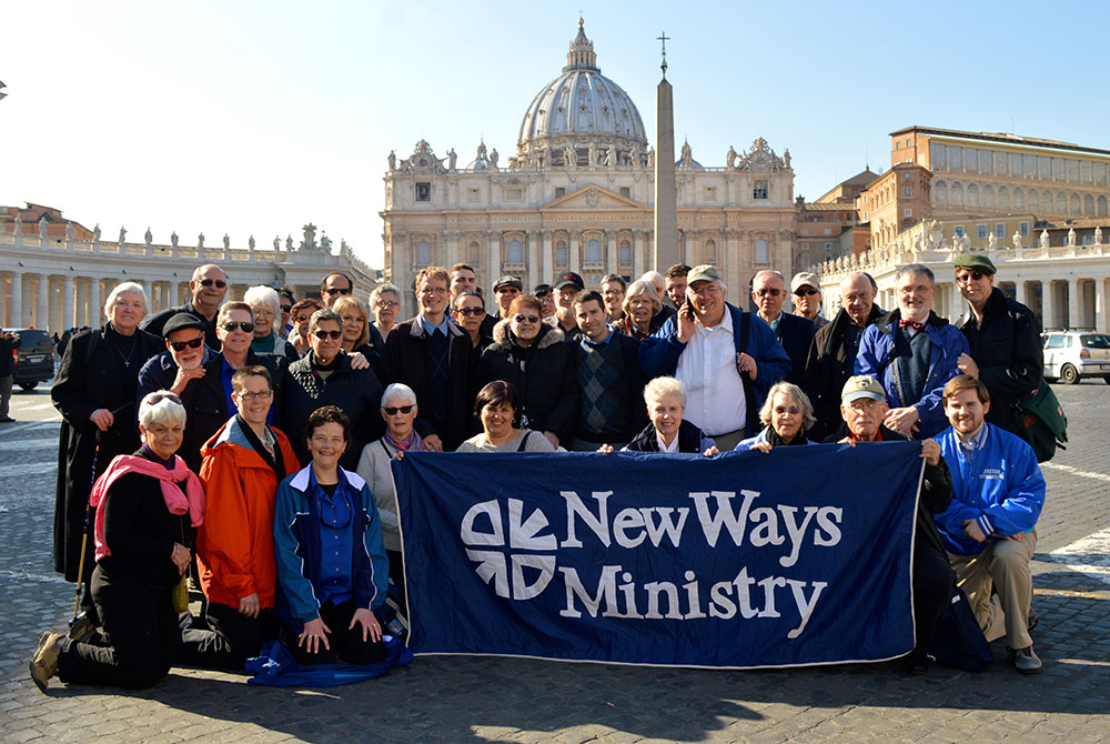 A pilgrimage by New Ways Ministry members in 2015 to Rome. Sr. Jeannine Gramick, one of the co-founders of the organization, is in the fourth row, fourth from right. New Ways Ministry supports LGBTQ women religious and educates their congregational leader