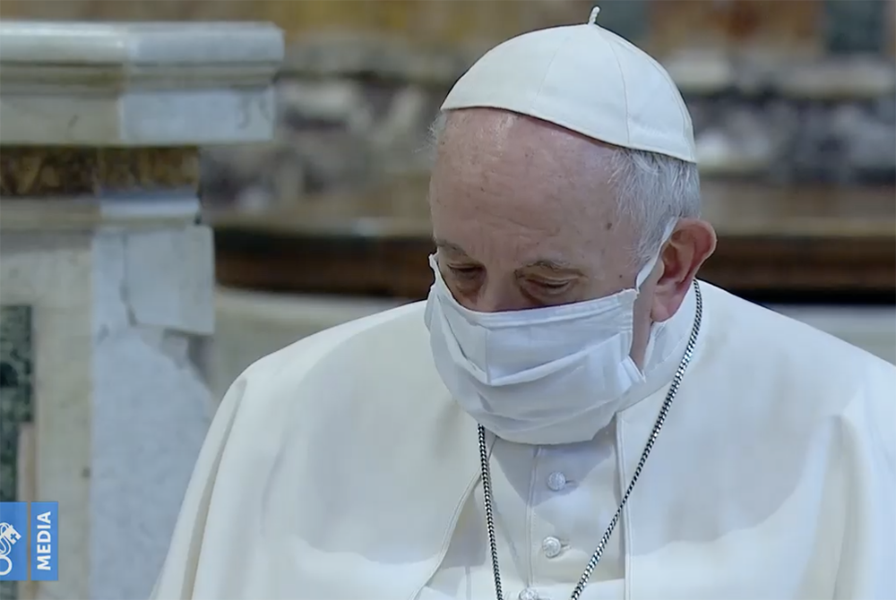 Pope Francis wearing a mask during the ecumenical service Oct. 20 in Rome (NCR screenshot/Vatican Media)