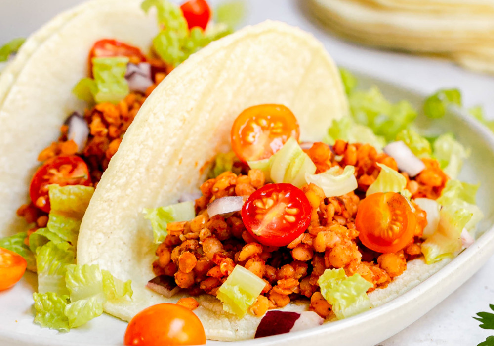 Red lentil tacos with tomatoes and lettuce (At Elizabeth's Table/Elizabeth Varga)