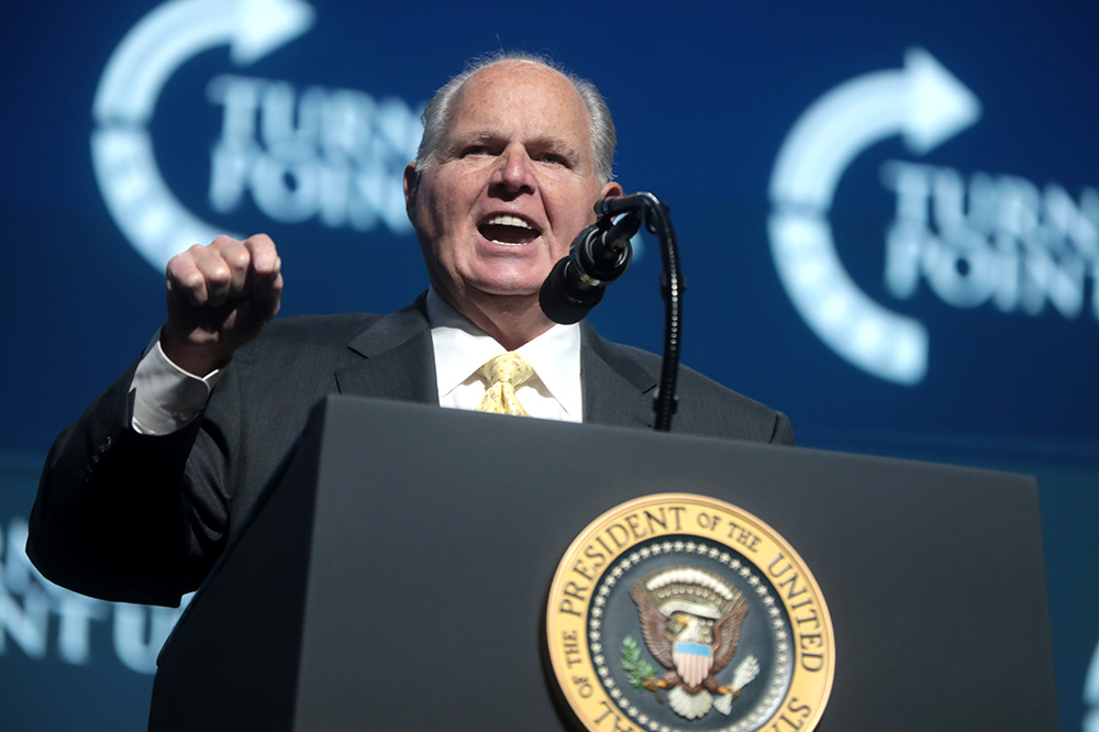 Rush Limbaugh speaks at the December 2019 Student Action Summit hosted by Turning Point USA in West Palm Beach, Florida. (Wikimedia Commons/Gage Skidmore) Rush Limbaugh speaks at the December 2019 Student Action Summit hosted by Turning Point USA in West Palm Beach, Florida. (Wikimedia Commons/Gage Skidmore)