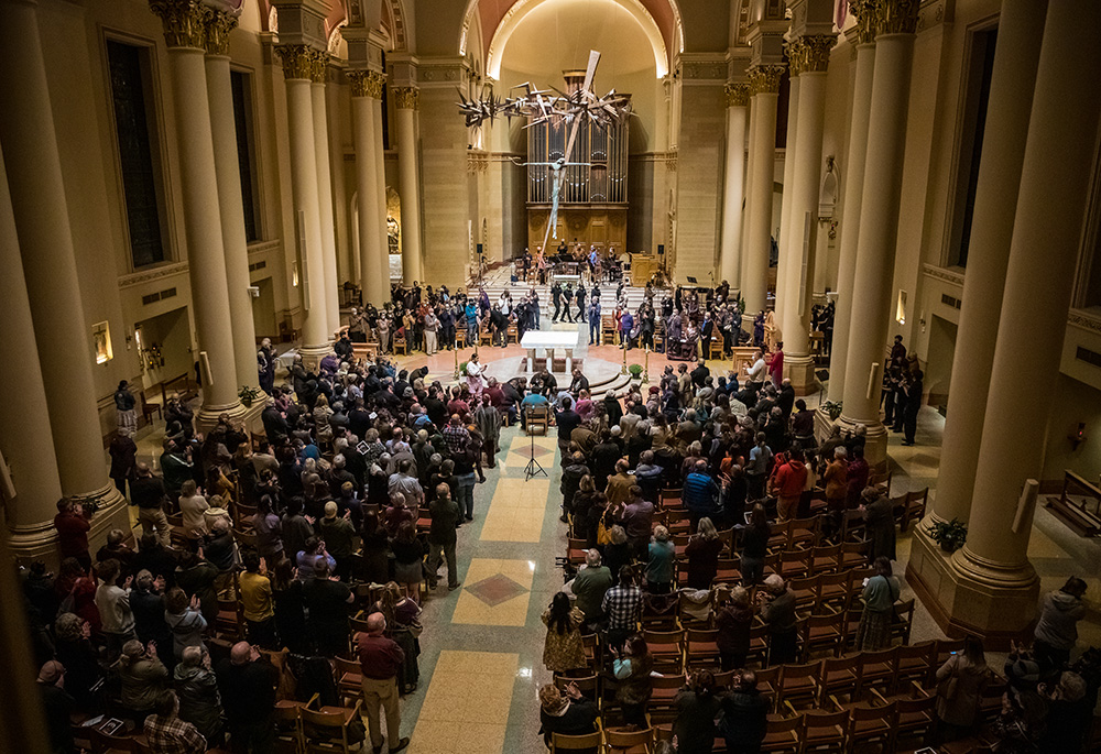 Raven Chacon's "Voiceless Mass" is performed for Present Music's annual Thanksgiving concert at the Cathedral of St. John the Evangelist Nov. 21, 2021, in Milwaukee, Wisconsin. (Courtesy of Samer Ghani)