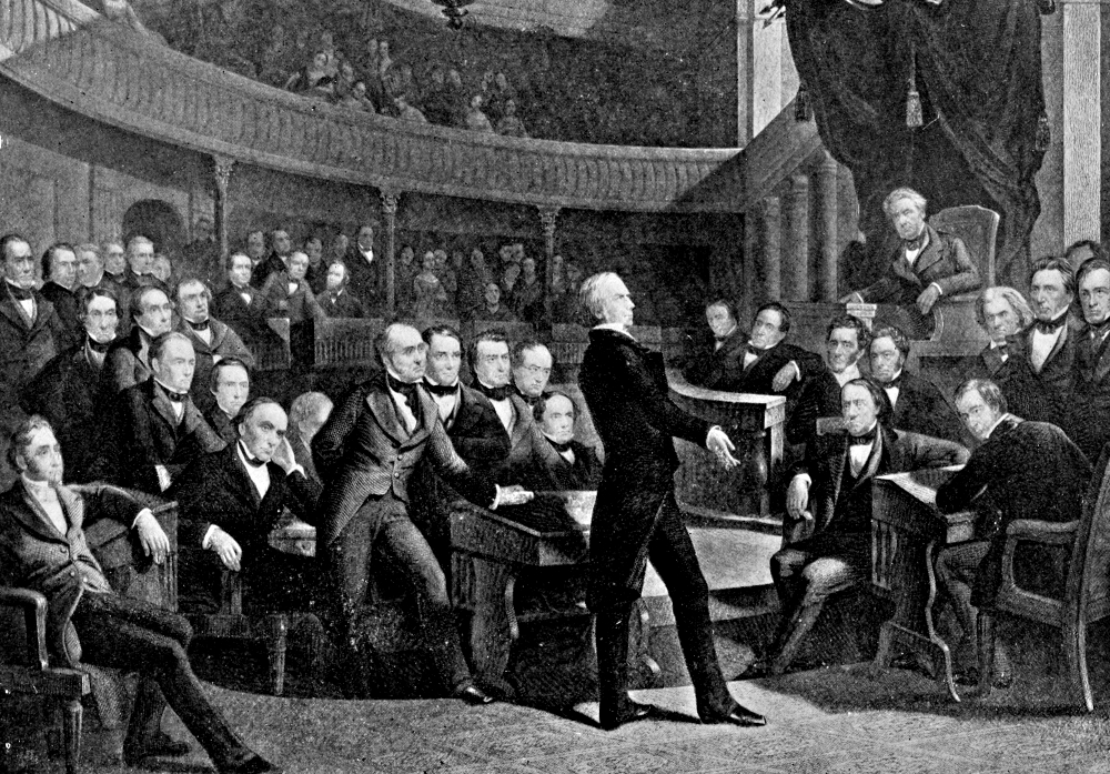 A 1900 illustration depicts the U.S. Senate in 1850, as Sen. Henry Clay delivers a speech. Seated in the second row behind him is Daniel Webster, and on the far right is John Calhoun. (Wikimedia Commons) A 1900 illustration depicts the U.S. Senate in 1850, as Sen. Henry Clay delivers a speech. Seated in the second row behind him is Daniel Webster, and on the far right is John Calhoun.