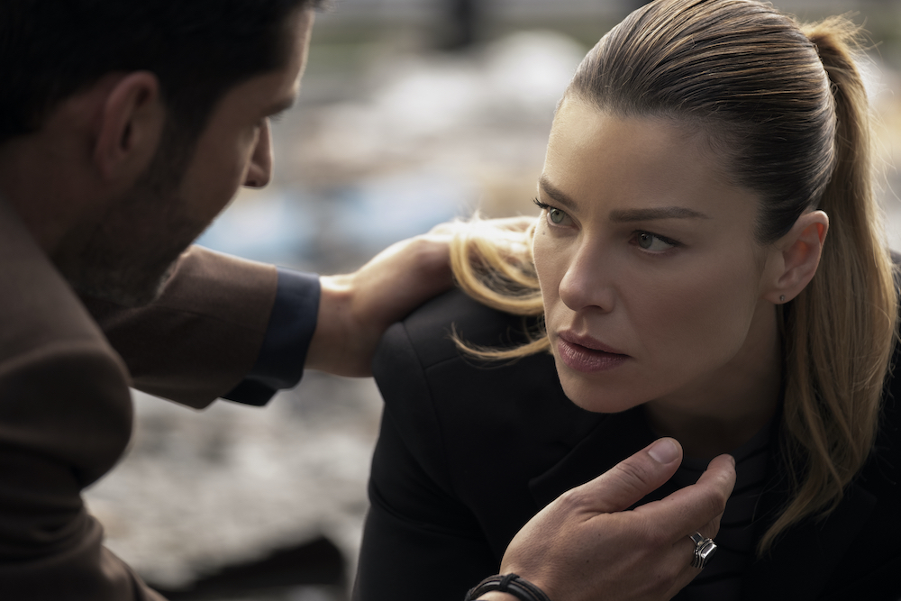 Tom Ellis, left, plays Lucifer Morningstar, alongside Lauren German as Chloe Decker, his love interest in Nexflix's series "Lucifer." (Netflix/John P. Fleenor, ©2020)