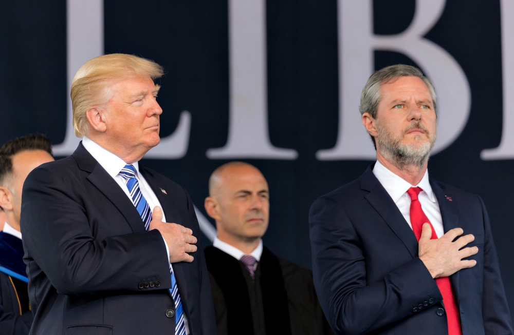 President Donald Trump and Jerry Falwell Jr. are seen at the evangelical Liberty University's 2017 commencement. (Wikimedia Commons/White House/Shealah Craighead) President Donald Trump and Jerry Falwell Jr. are seen at the evangelical Liberty University's 2017 commencement. (Wikimedia Commons/White House/Shealah Craighead)