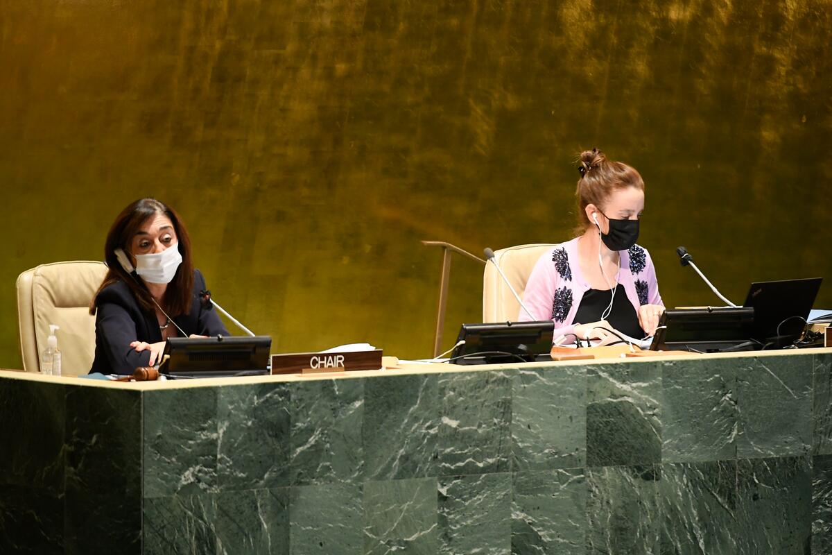 María del Carmen Squeff, left, permanent representative of Argentina to the United Nations, chairs the opening of the 59th Commission for Social Development. (United Nations photo)