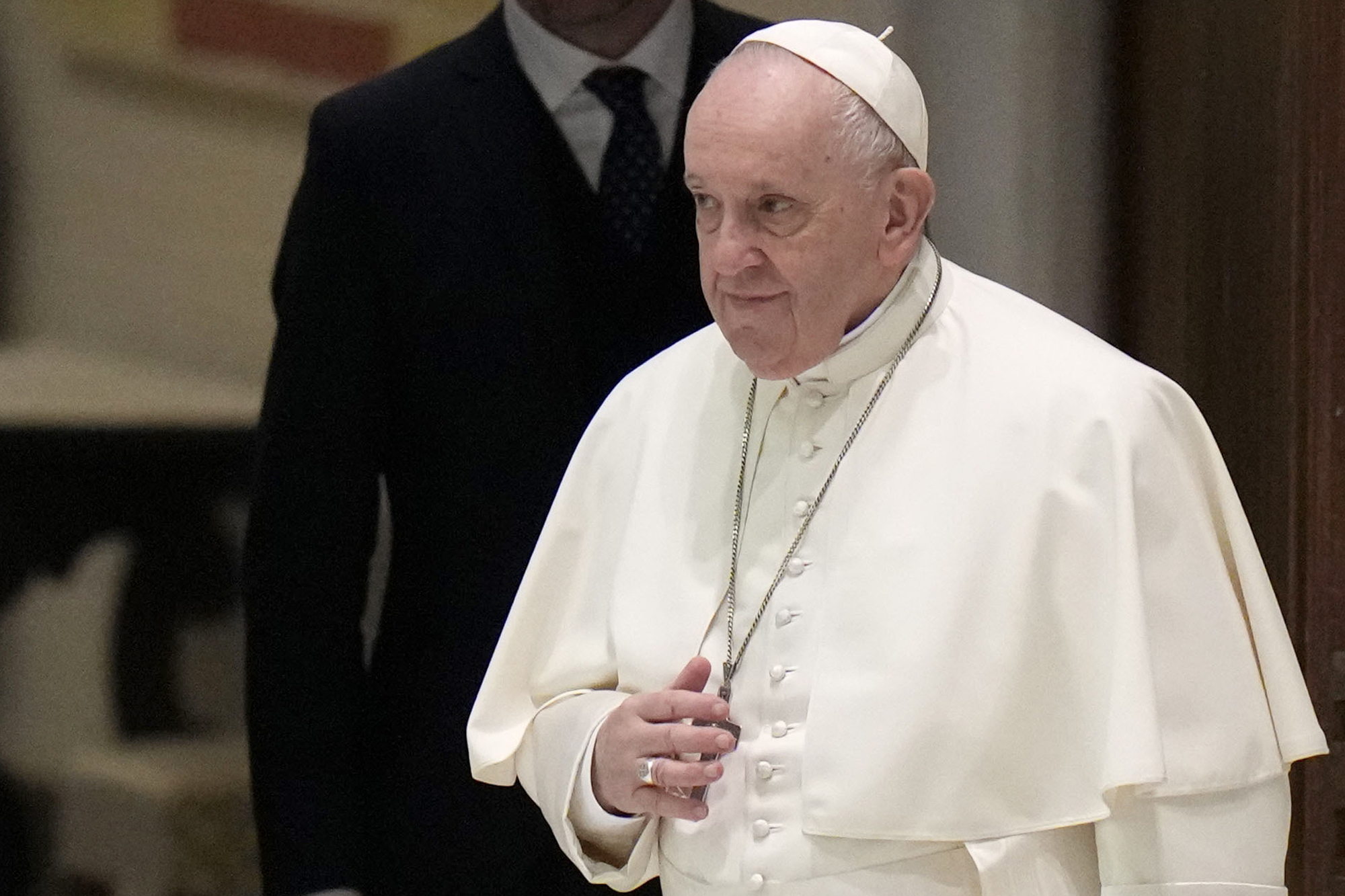 Pope Francis arrives to attend his weekly general audience in the Paul VI Hall at the Vatican, on Jan. 26, 2022. (AP Photo/Alessandra Tarantino, File) Pope Francis arrives to attend his weekly general audience in the Paul VI Hall at the Vatican, on Jan. 26, 2022. (AP Photo/Alessandra Tarantino, File)