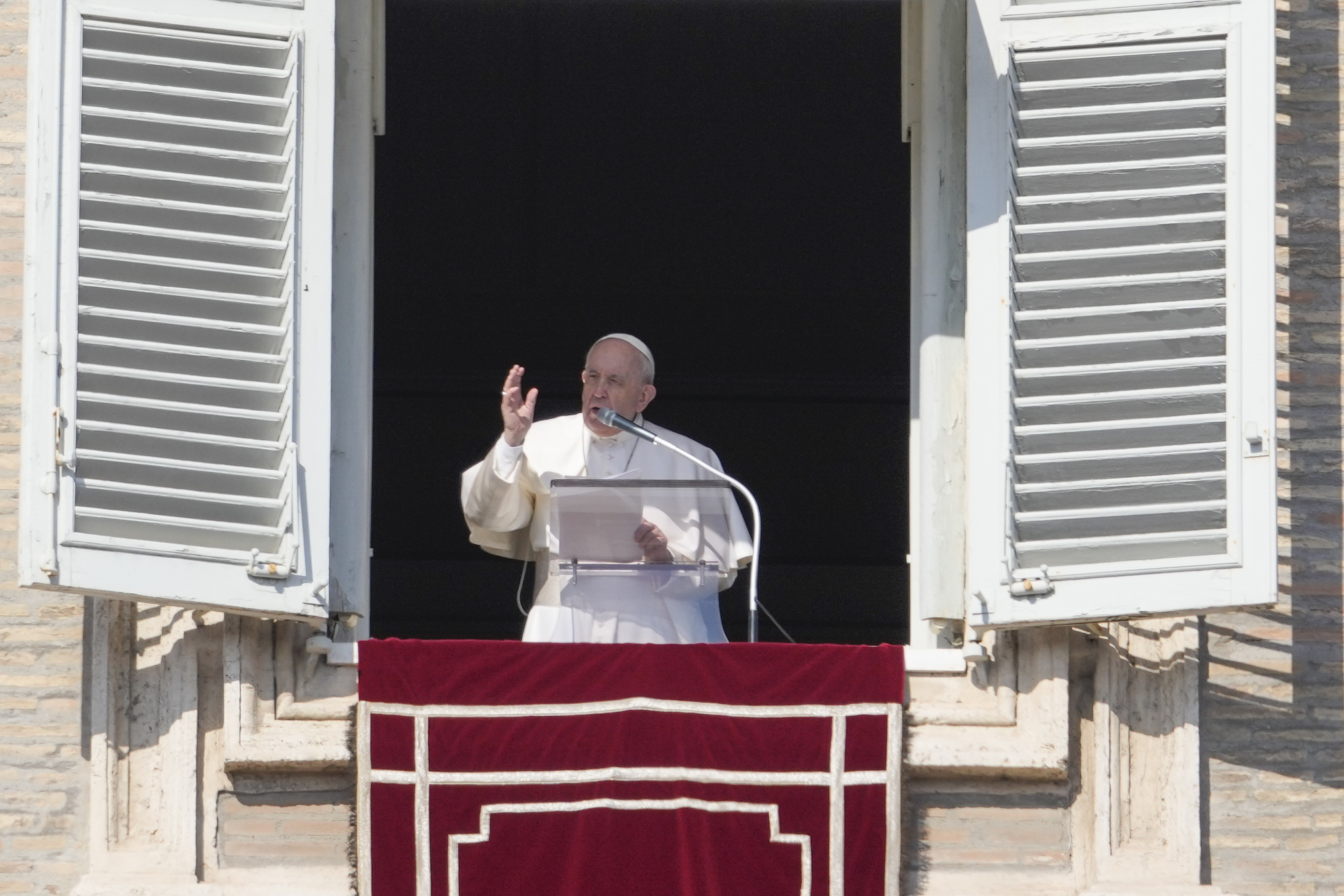 Pope Francis delivers the Angelus noon prayer from his studio window overlooking St. Peter's Square at the Vatican, Sunday, Feb. 6, 2022. (AP Photo/Gregorio Borgia) Pope Francis delivers the Angelus noon prayer from his studio window overlooking St. Peter's Square at the Vatican, Sunday, Feb. 6, 2022. (AP Photo/Gregorio Borgia)