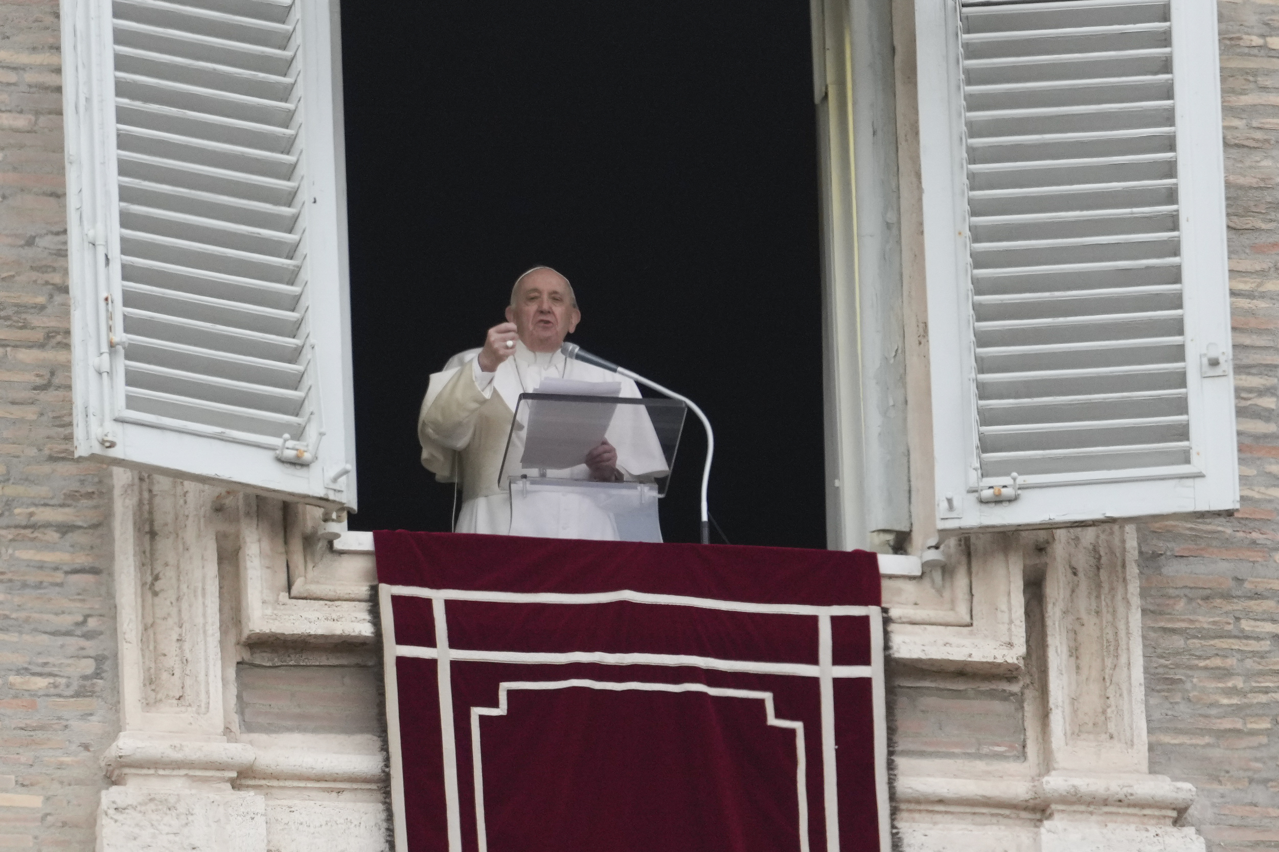 Pope Francis delivers the Angelus noon prayer from his studio window overlooking St. Peter's Square, at the Vatican, Sunday, Feb. 20, 2022. (AP Photo/Gregorio Borgia) Pope Francis delivers the Angelus noon prayer from his studio window overlooking St. Peter's Square, at the Vatican, Sunday, Feb. 20, 2022. (AP Photo/Gregorio Borgia)