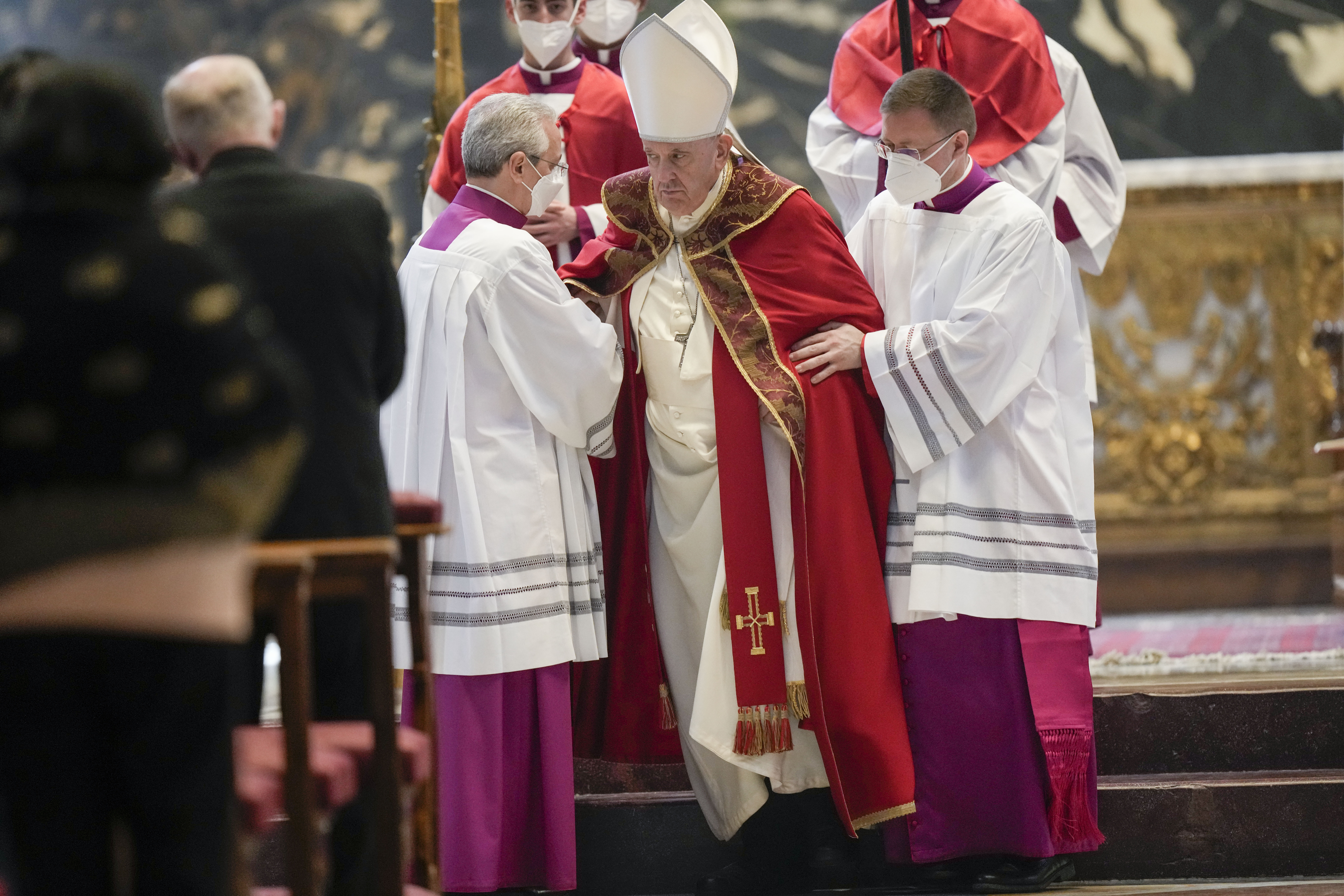 Pope Francis leaves after he presided over the funeral of Cardinal Javier Lozano Barragan, in St.Peter's Basilica at the Vatican, Monday, April 25, 2022. (AP Photo/Andrew Medichini) Pope Francis leaves after he presided over the funeral of Cardinal Javier Lozano Barragan, in St.Peter's Basilica at the Vatican, Monday, April 25, 2022. (AP Photo/Andrew Medichini)