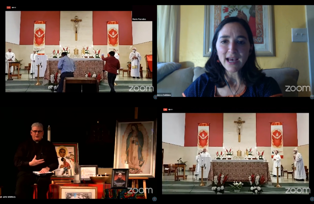 Images from the "Open All Hearts/Abre Todos Los Corazones" vigil, including, clockwise from top right: Washington State Sen. Rebecca Saldaña, Jesuit Fr. Elías Puentes (at lectern) and Jesuit Fr. John Whitney (Screenshots from YouTube/St. Joseph Parish)