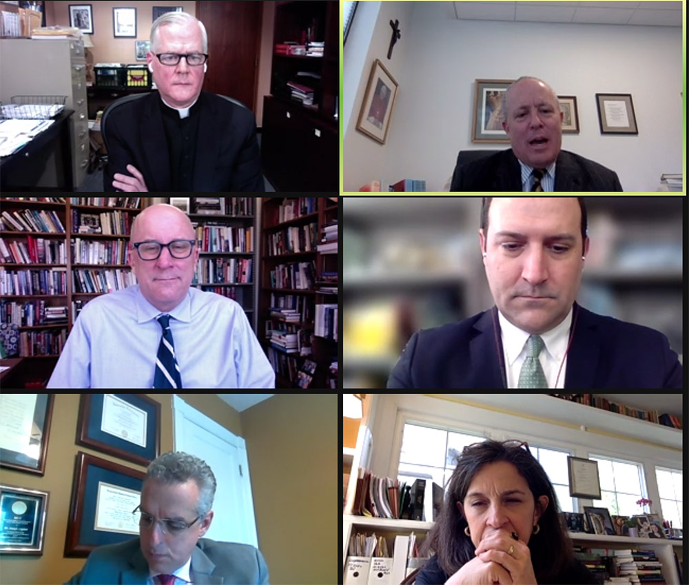 Clockwise from top left: Fr. Gerald Murray, Patrick Brennan, Stephen White, Helen Alvaré, Joe Capizzi and John McGreevy discuss President Joe Biden's Catholicism during "Taking Measure of the 'Biden Effect': American Catholics and the President"