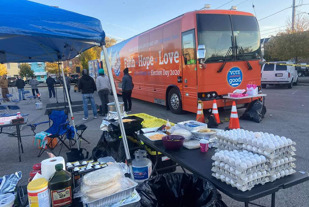 The Vote Common Good bus is pictured in Philadelphia Nov. 3. (Patrick Carolan)