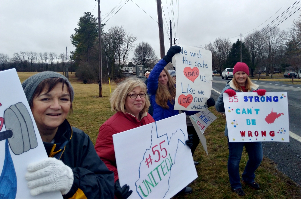 Teachers strike on Feb. 23 at Bunker Hill Elementary School in Berkeley County, West Virginia. (Wikimedia Commons/Eric Bourgeois)