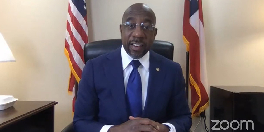 Sen. Raphael Warnock of Georgia speaks during an April 28 webinar hosted by Interfaith Power & Light. (NCR screenshot) Sen. Raphael Warnock of Georgia speaks during an April 28 webinar hosted by Interfaith Power & Light. (NCR screenshot)