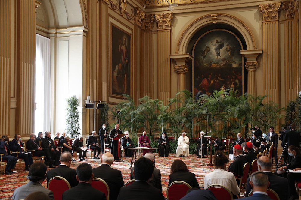 Pope Francis leads the "Faith and Science: Towards COP26" meeting Oct. 4. Leaders of major world religions, who have been meeting with scientists, called for strong climate action from governments and committed their congregations to do the same (CNS)