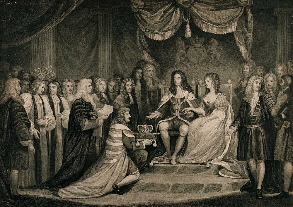 William of Orange and his wife, Mary, are presented with the English crown in 1688, as depicted in a 1790 engraving. (Wikimedia Commons/Wellcome Collection)