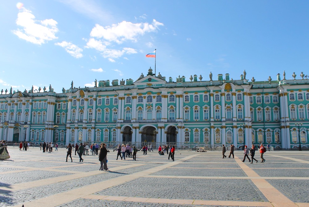 Winter Palace in St. Petersburg, Russia, designed by Francesco Bartolomeo Rastrelli and constructed primarily from 1754 to 1762 Exterior of the Winter Palace in St. Petersburg, Russia, from Palace Square