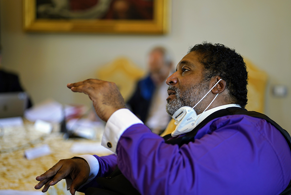 The Rev. William Barber II The Rev. William Barber II, a Protestant minister and co-chair of the Poor People's Campaign, speaks Oct. 4 at the Vatican. (Courtesy of Gabriella Clare Marino)