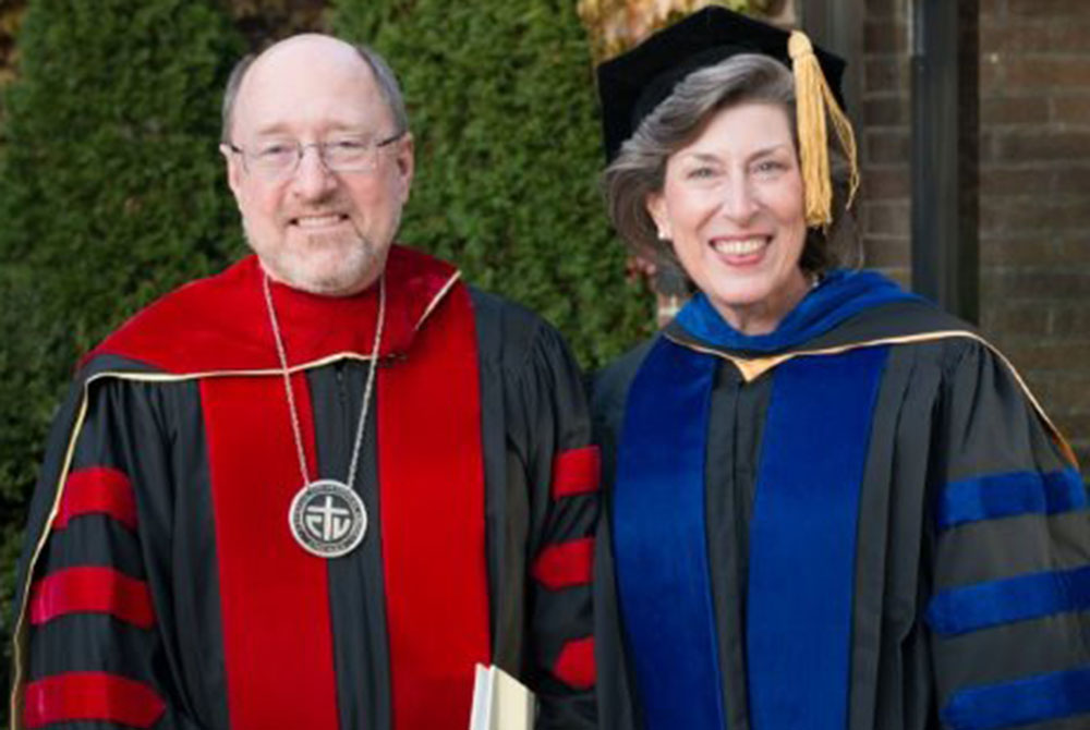 Dominican Sr. Barbara Reid, left, with outgoing president of Catholic Theological Union, Fr. Mark Francis, at his installation as president in the fall of 2013 when Reid was vice president and academic dean. (Provided photo)