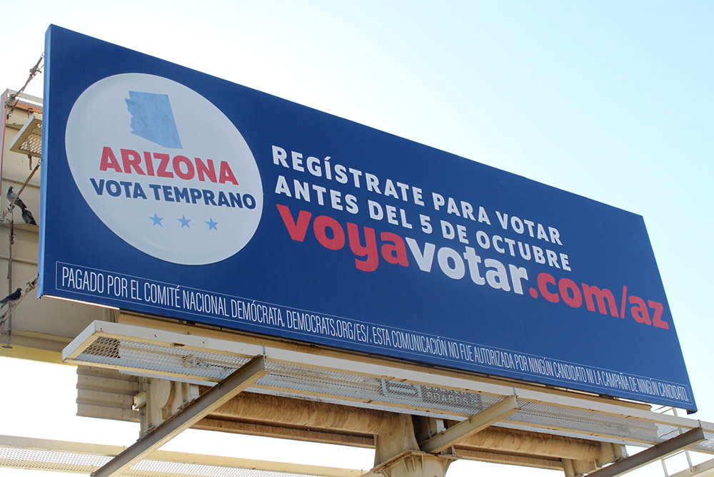A billboard in Spanish encourages people to register to vote in Phoenix Oct. 1, 2020. (Dreamstime/Rebekah Zemansky) A billboard in Spanish encourages people to register to vote in Phoenix Oct. 1, 2020. (Dreamstime/Rebekah Zemansky)