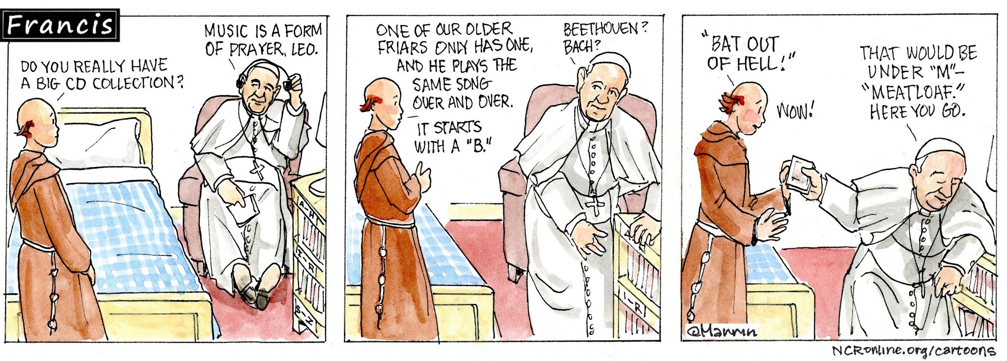 Francis, the comic strip: Francis introduces Brother Leo to his vast music collection.