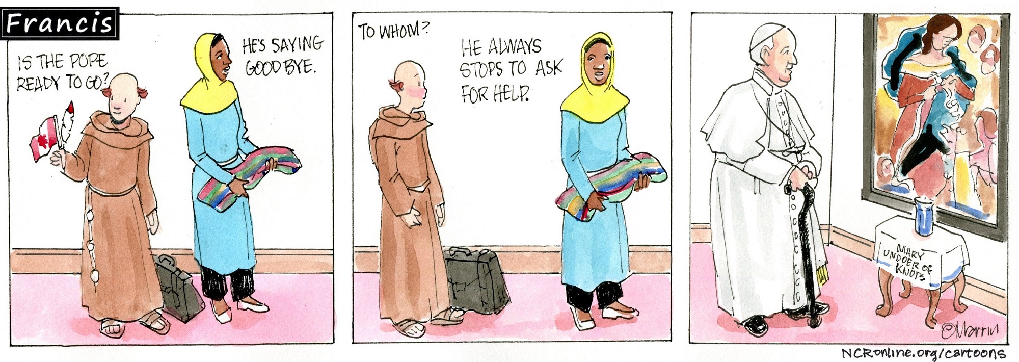 Francis, the comic strip: Brother Leo and Gabby help Francis prepare for this trip to Canada.